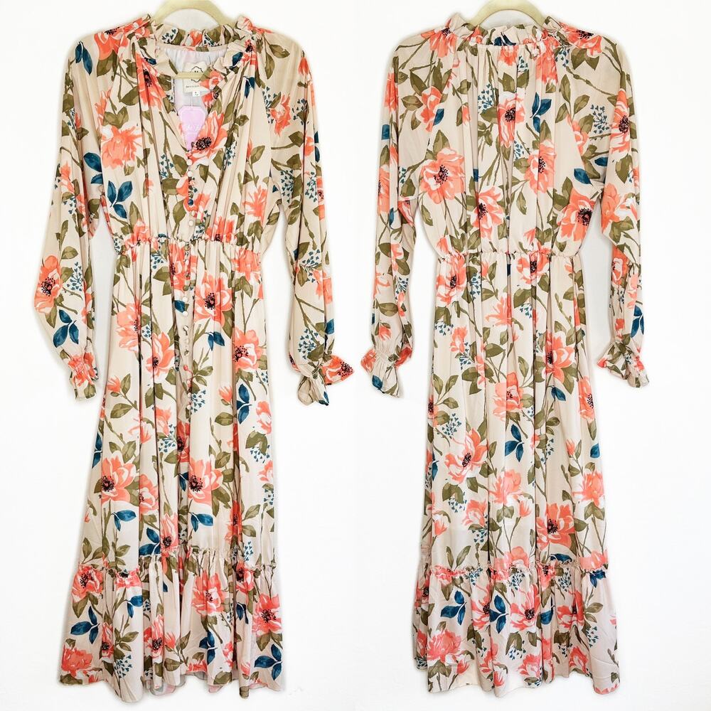 NWT Arthur Jane Claire Ruffle Neck Floral Long Sleeve Button Up Midi Dress Large